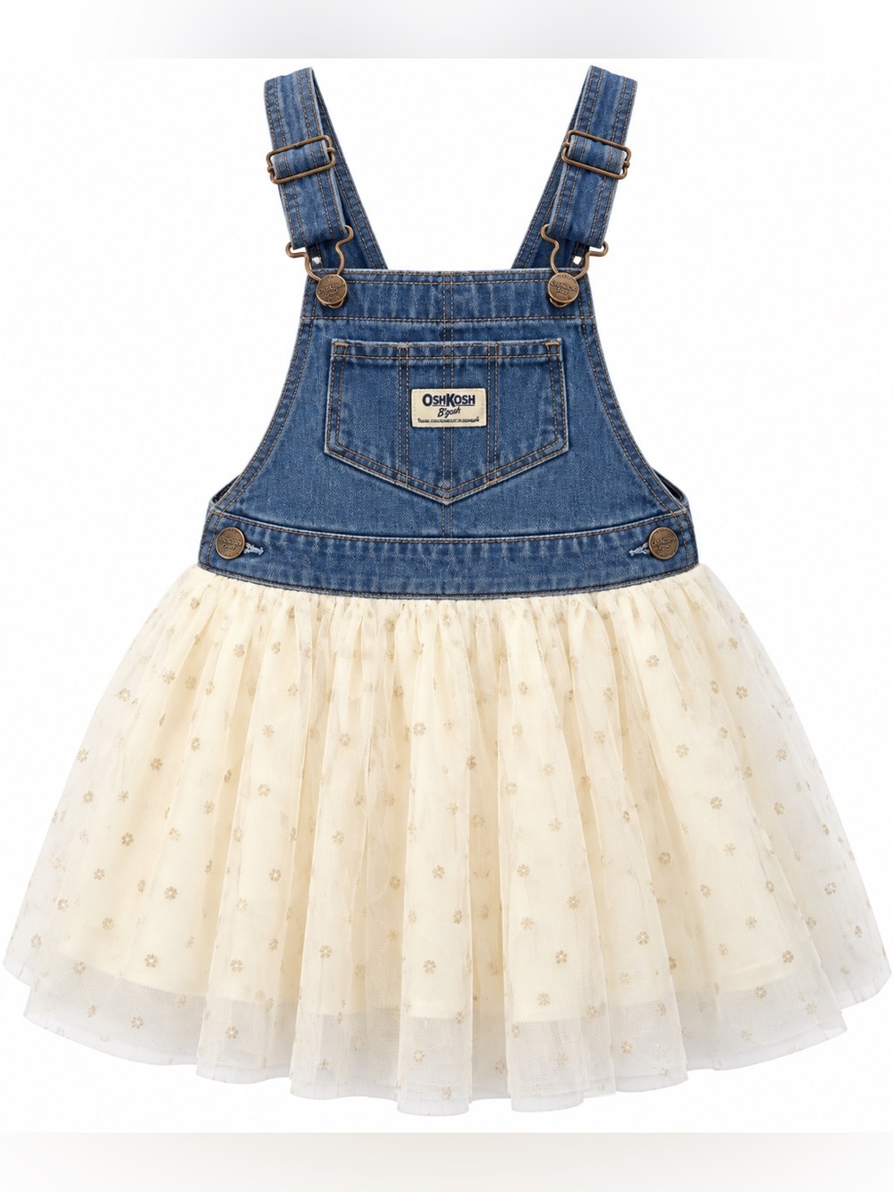 Oshkosh Girls Toddler 2T Denim Overalls Dress Cream Tulle Sparkle Hearts
